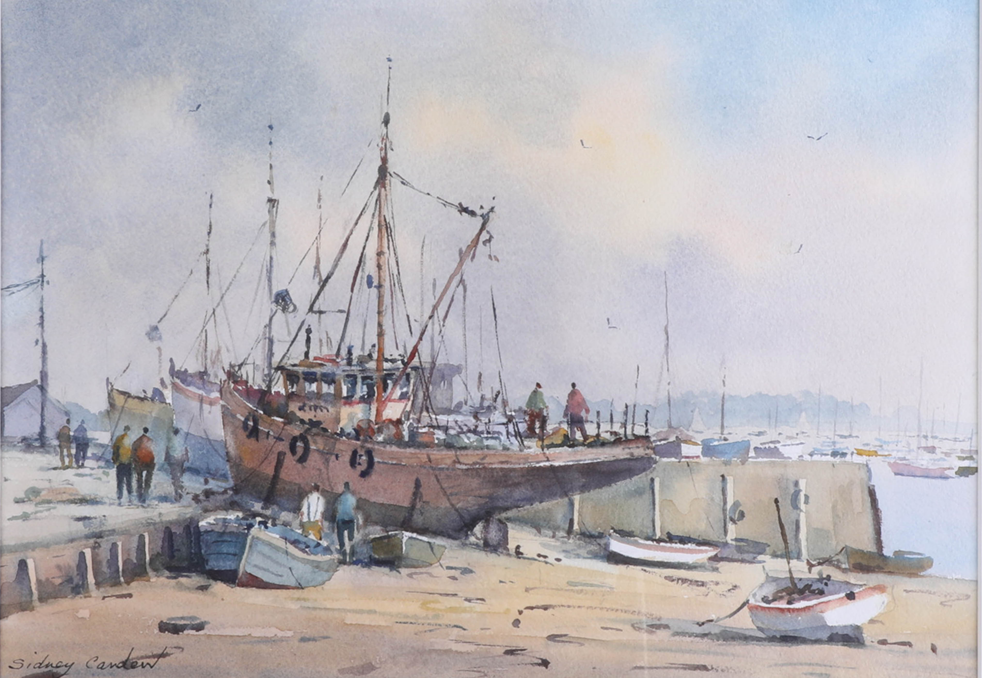 Sidney Cardew (R S M A) 1931-2017, signed watercolour 'Boats tied up on the Thames Estuary', - Image 2 of 2