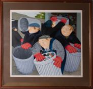 Beryl Cook, silkscreen 'Dustbin Men' 236/300, signed limited edition, framed and glazed, overall
