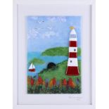 Lou from Lou C fused glass, Smeaton's Tower, titled 'Plymouth Summer', signed, overall size 43cm x