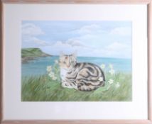 Fiona Hughes, watercolour, 'Cat', 38cm x 50cm, framed and glazed. Fiona Hughes is a Devon artist