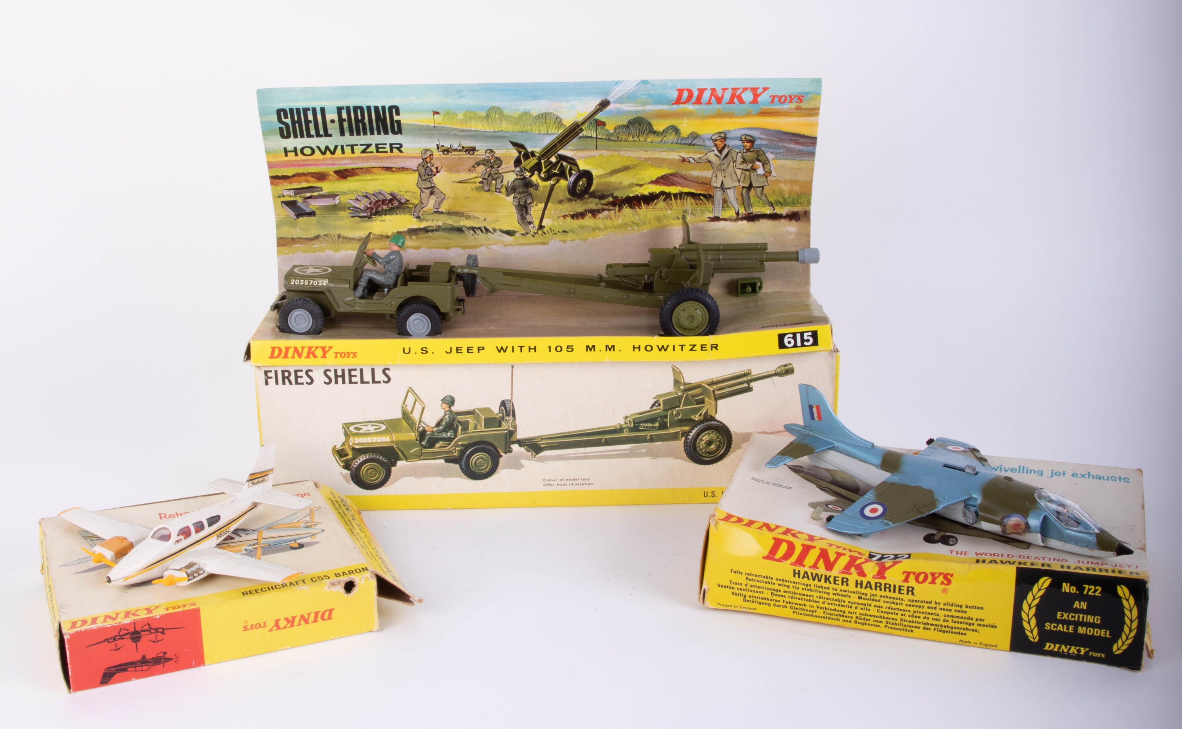 Dinky Toys, Hawker Harrier 722, US Jeep with Howitzer 615, Beechcraft Baron 715 (3).