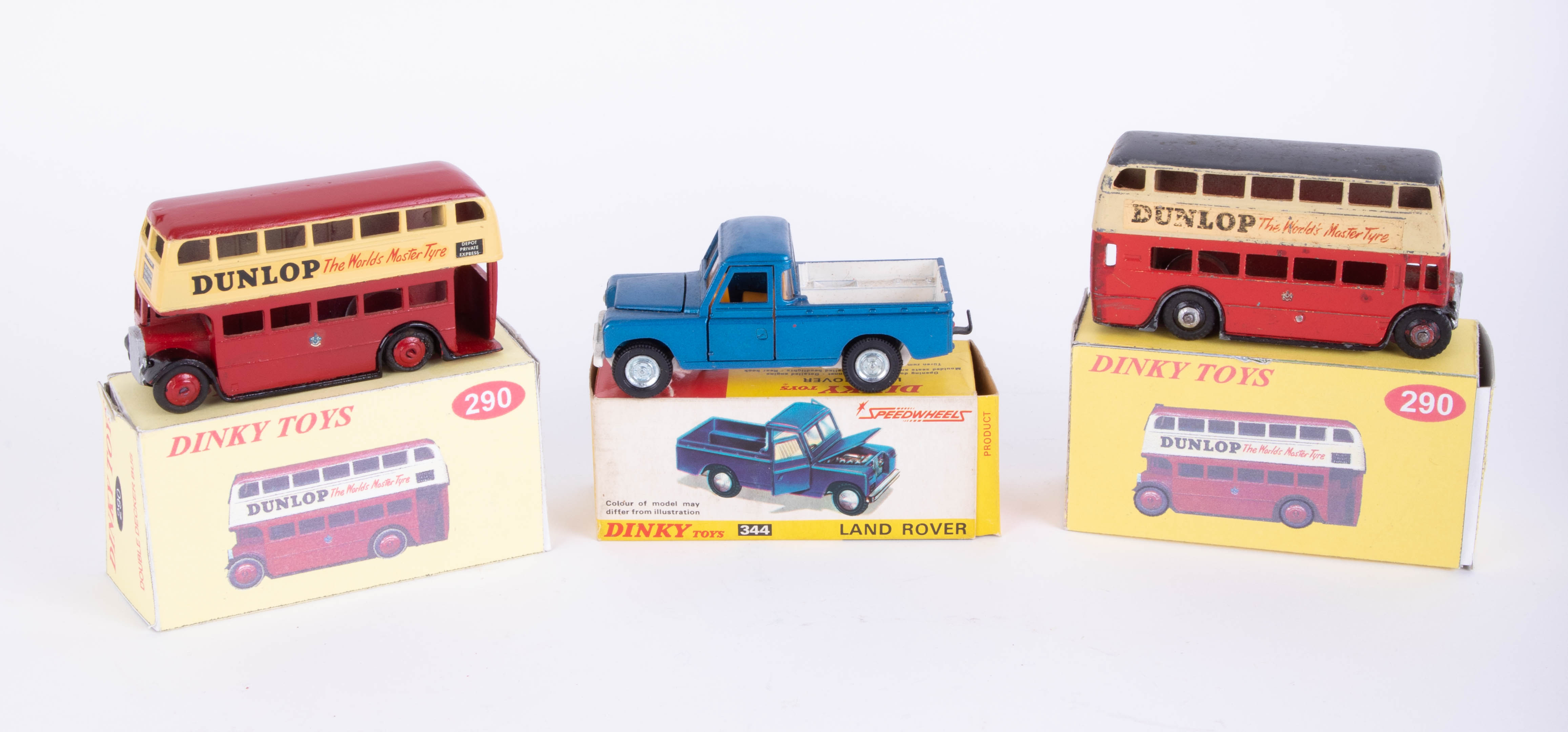 Dinky Toys, Land Rover 344 and two Dunlop Double Decker Buses, replica boxes (3).