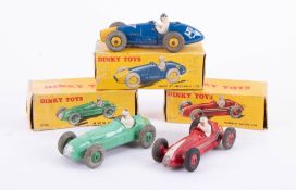 Dinky Toys, three boxed racing car models, 23N, 23J and 23H and two others, loose (5).