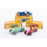 Dinky Toys, three boxed racing car models, 23N, 23J and 23H and two others, loose (5).