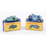 Matchbox Series, No. 4 Triumph Motorcycle and sidecar and No. 46 Motor scooter and sidecar, boxed (