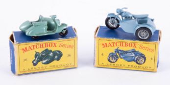 Matchbox Series, No. 4 Triumph Motorcycle and sidecar and No. 46 Motor scooter and sidecar, boxed (