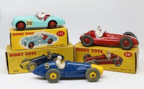 Dinky Toys, three models, Triumph TR2, 111 boxed, Maserati racing car, 231 boxed, Ferrari racing car