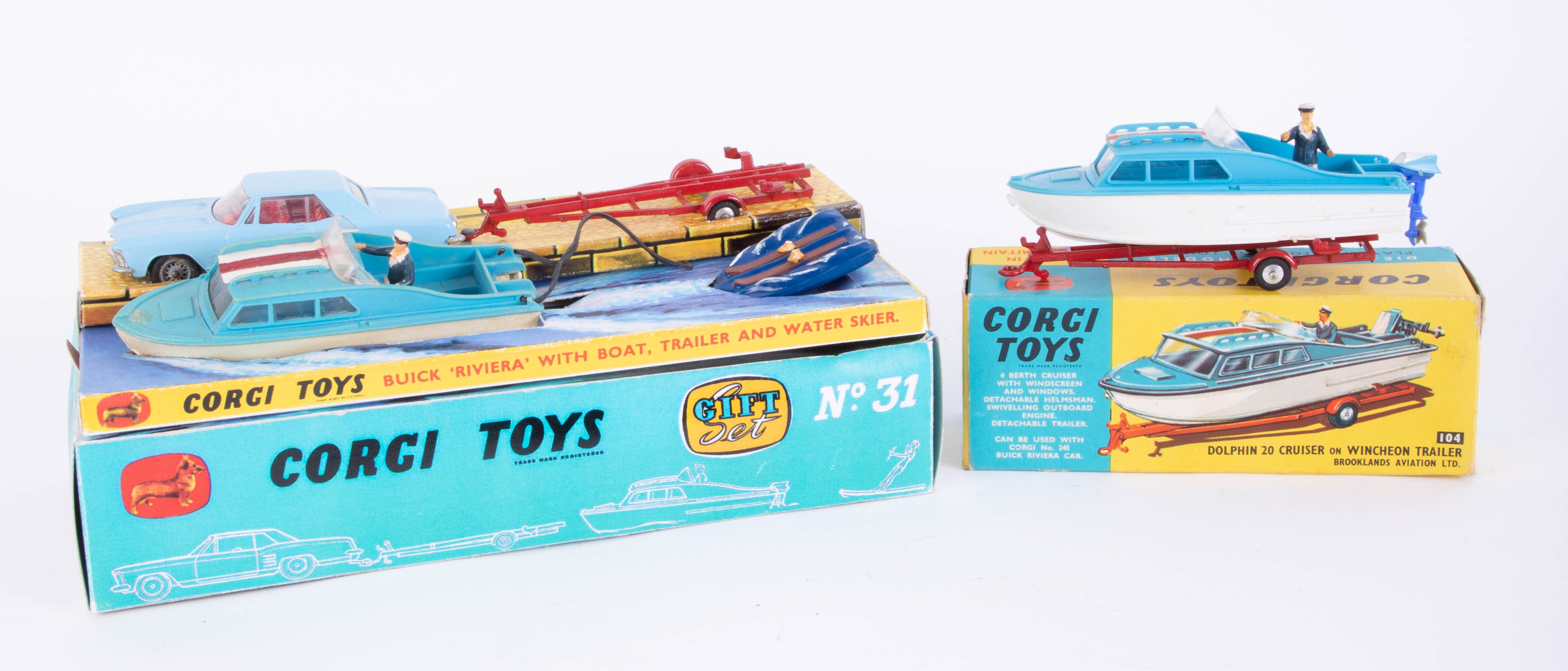 Corgi Toys, Dolphin Cruiser on Trailer 104, Gift Set no. 31, boxed (2).