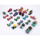 A collection of various loose diecast including Dinky Toys Racing Cars, Farm Trailer, Tractor etc (