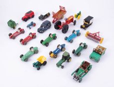 A collection of various loose diecast including Dinky Toys Racing Cars, Farm Trailer, Tractor etc (