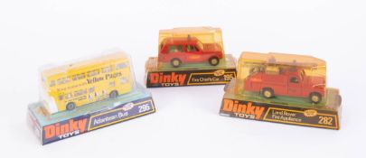 Dinky Toys, fire chiefs car 195, Atlantean Bus 295, fire appliance 282, boxed (3).