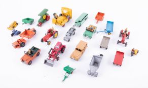 Dinky Toys, a collection of loose, playworn models including farmyard vehicles, Land Rovers, etc (
