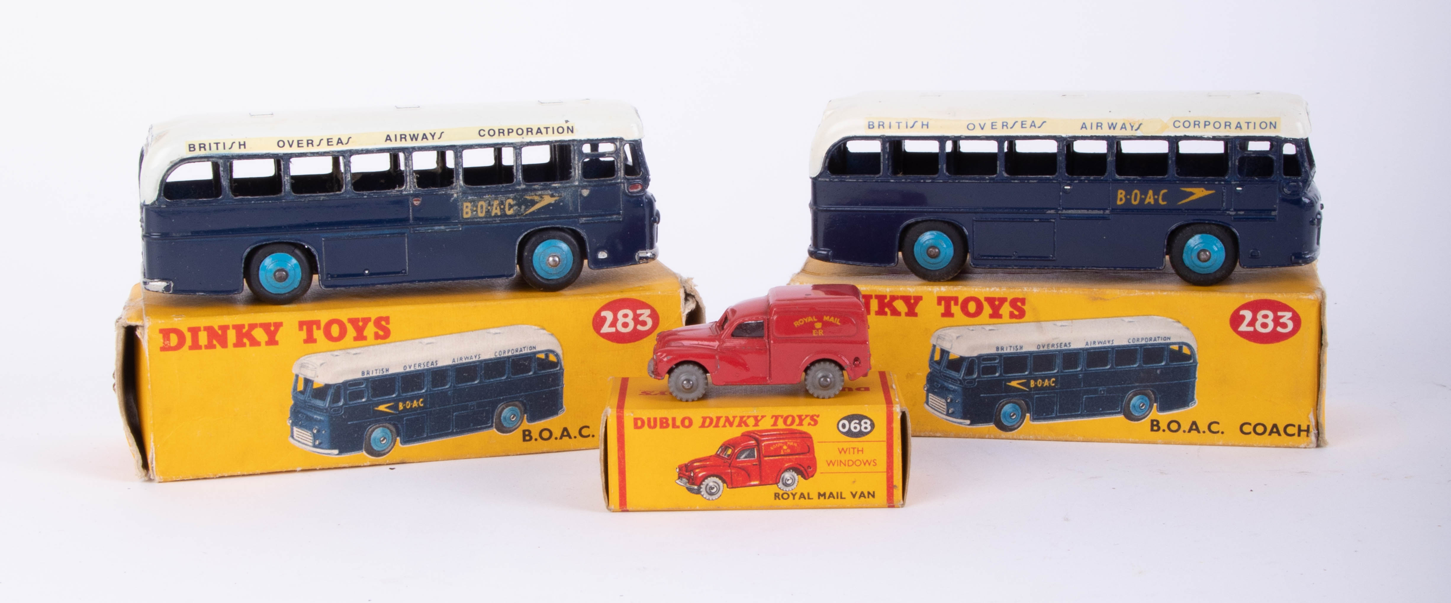 Dinky Toys, Two BOAC Coaches 283, Dublo Dinky Royal Mail Van 068, boxed (3).