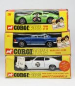 Corgi Toys, three models, Whizzwheels Ford Capri, 316 boxed, Ford GT, 393 boxed, Mercedes Benz,