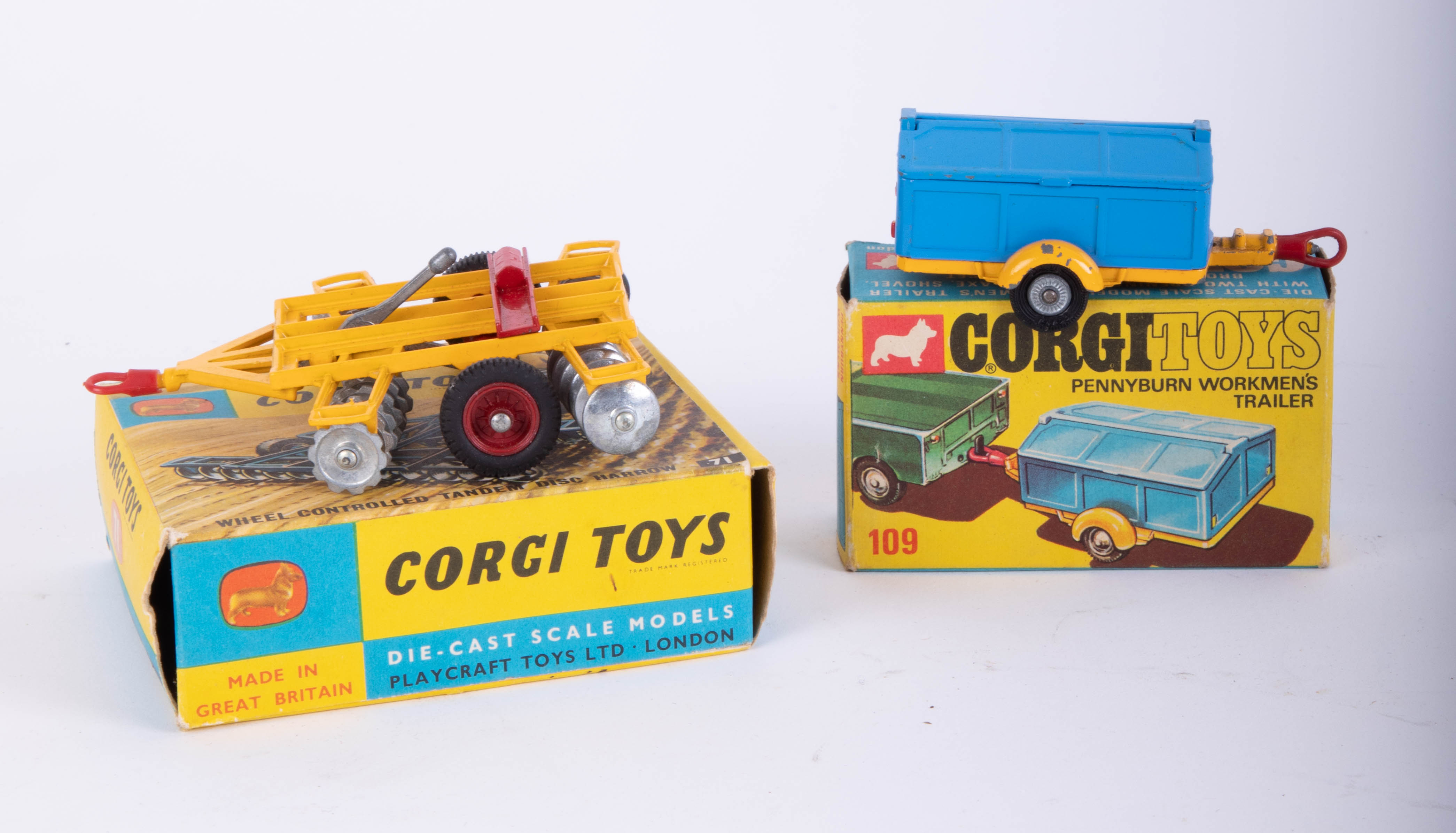 Corgi Toys, Pennyburn Workmen's Trailer 109, Tandem Disc Harrow 71, boxed (2).