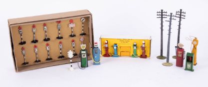 Dinky set No. 47? road signs, petrol pumps, telegraph poles and boxed Dinky 49 Petrol Pumps and