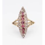 An antique ruby and diamond marquise ring, ring size S.
