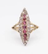 An antique ruby and diamond marquise ring, ring size S.