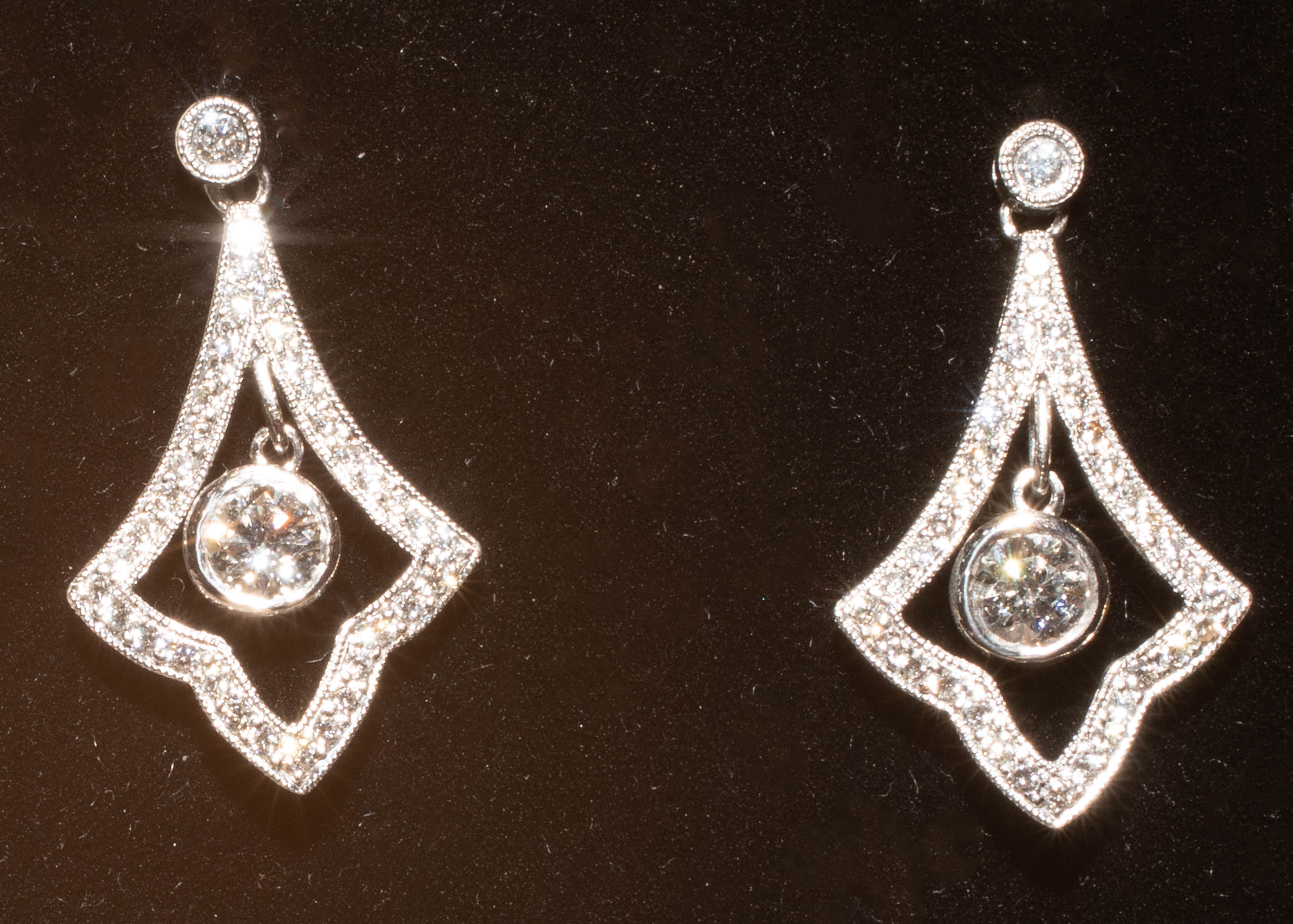A fine pair of Art Deco style diamond drop earrings, set in 18ct white gold, length 25mm. - Image 2 of 3