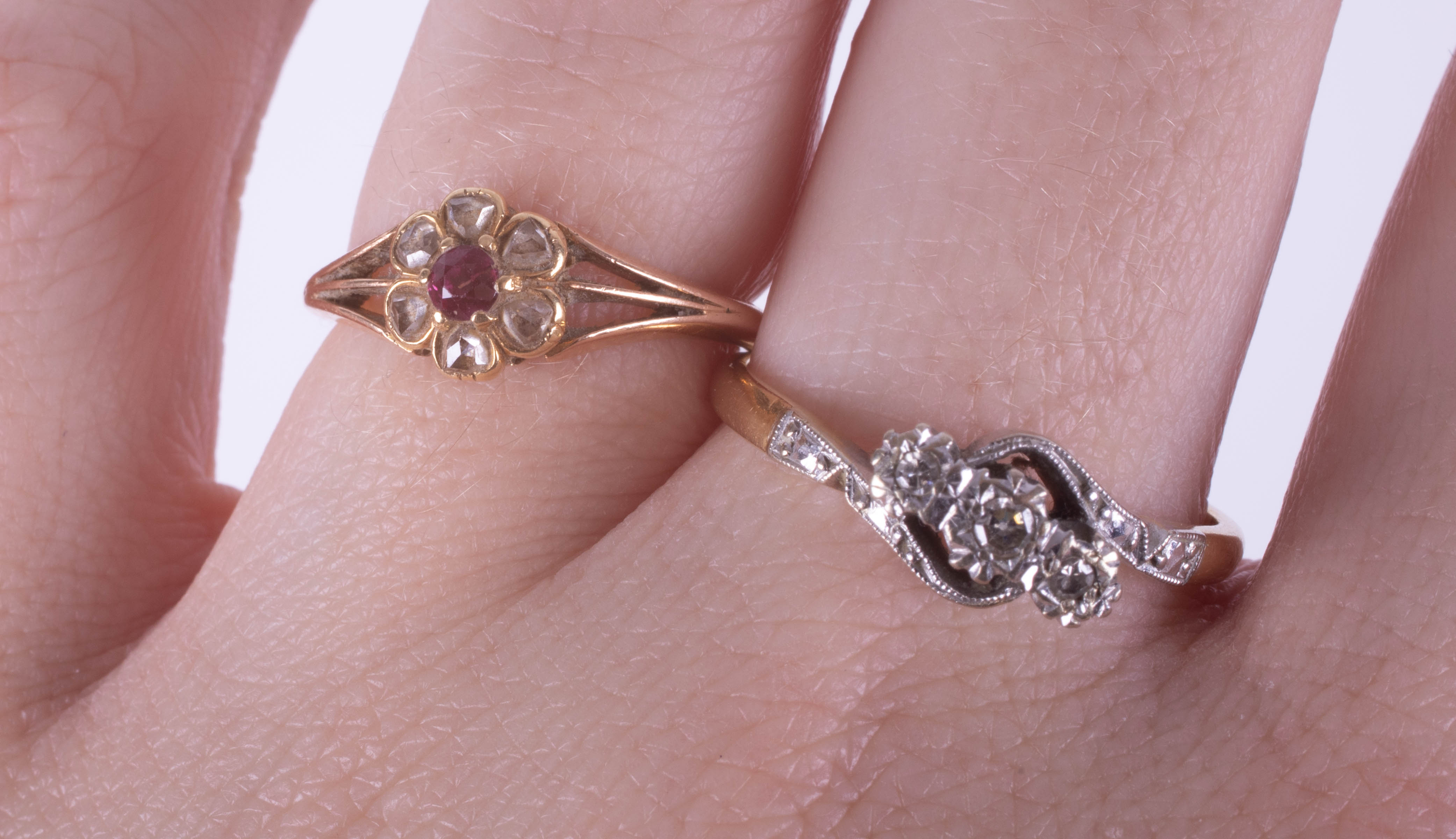 Two 18ct gold and diamond set dress rings, 5.4g, sizes S and J. - Image 2 of 2