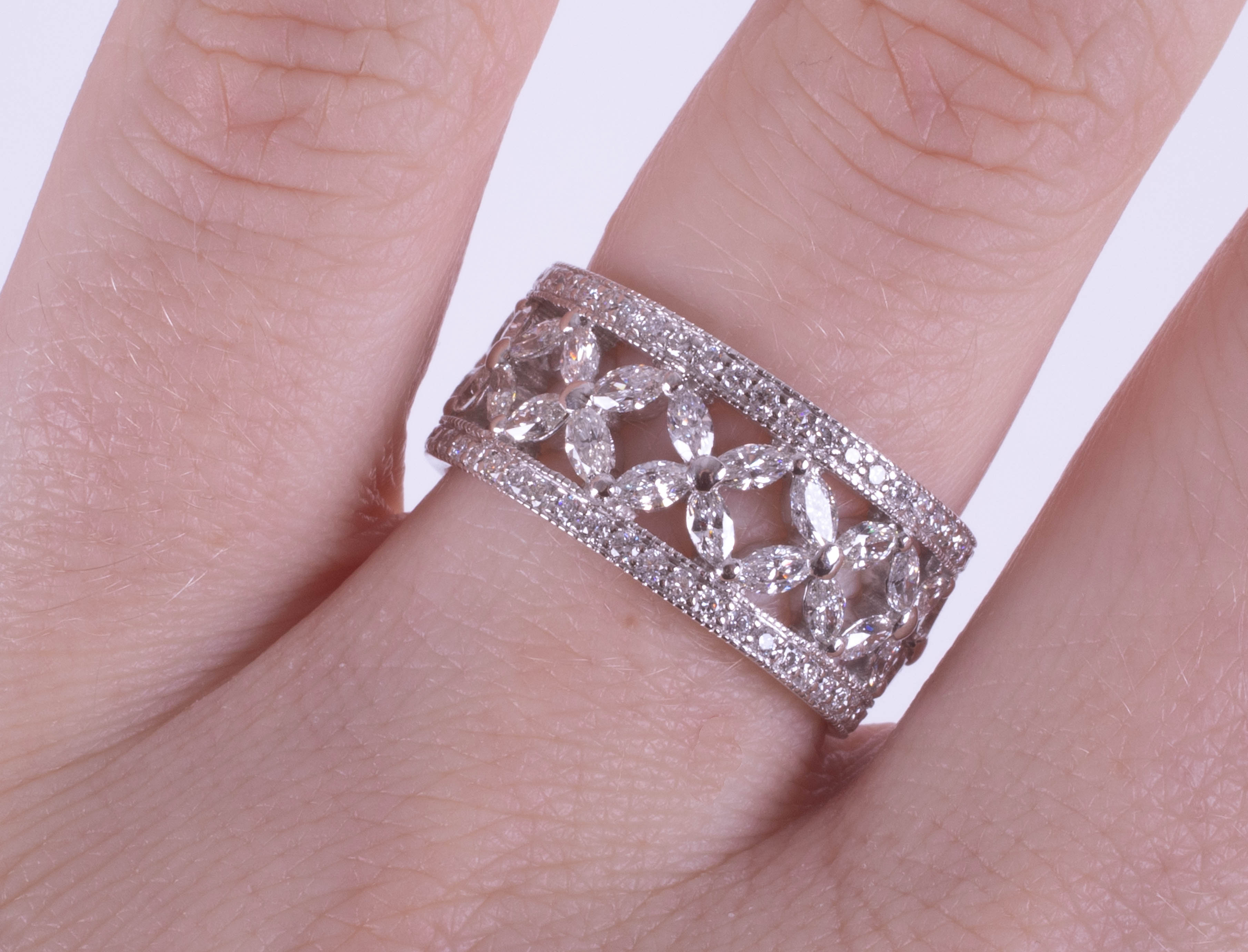 A platinum marquise and brilliant cut diamond set full eternity ring, width 9.50mm, weight 9.45g - Image 2 of 3