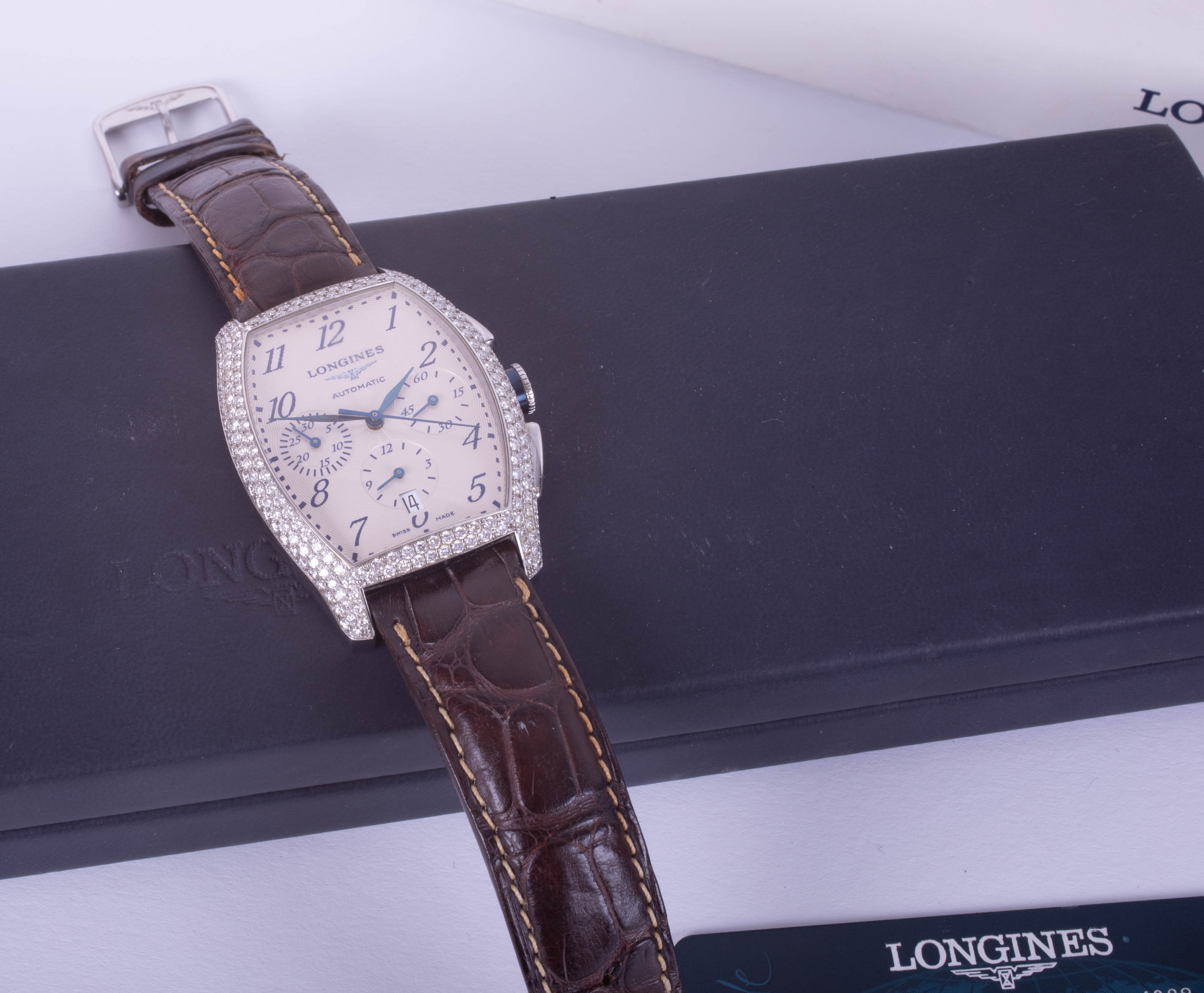 Longines, a gents diamond set automatic wristwatch, chronograph, with calendar aperture, no. - Image 3 of 3