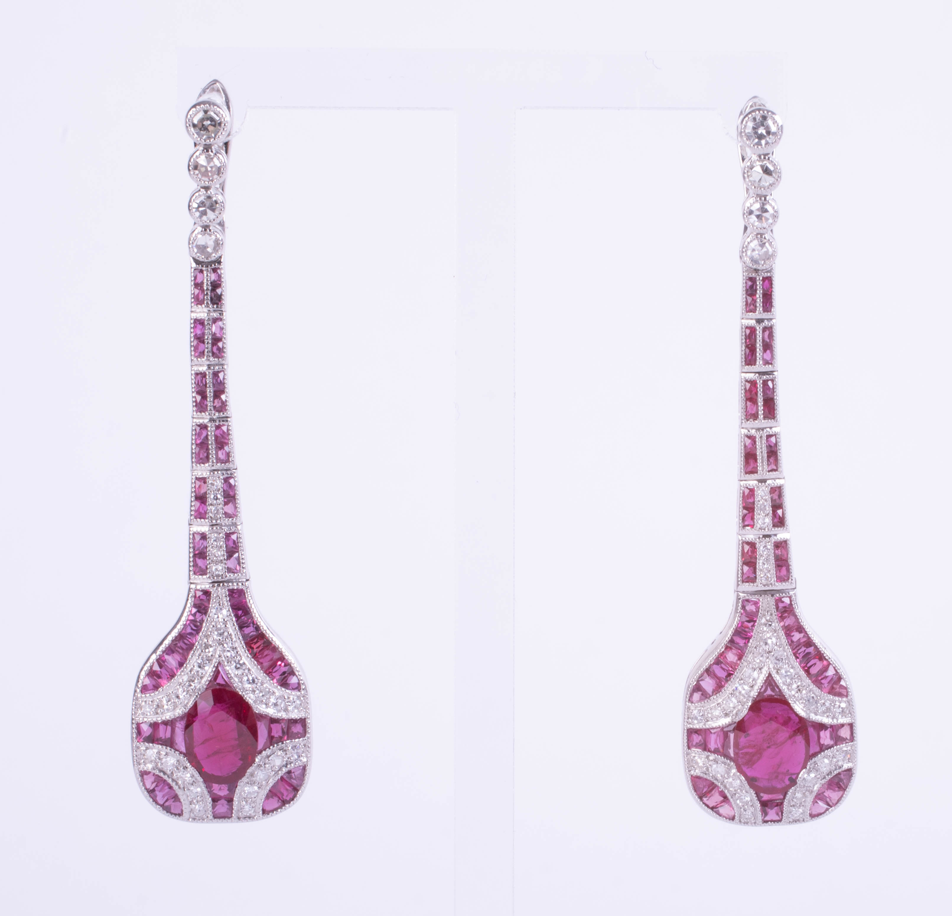 A pair of fine platinum Art Deco-style drop earrings set with rubies and diamonds, boxed. - Image 2 of 2