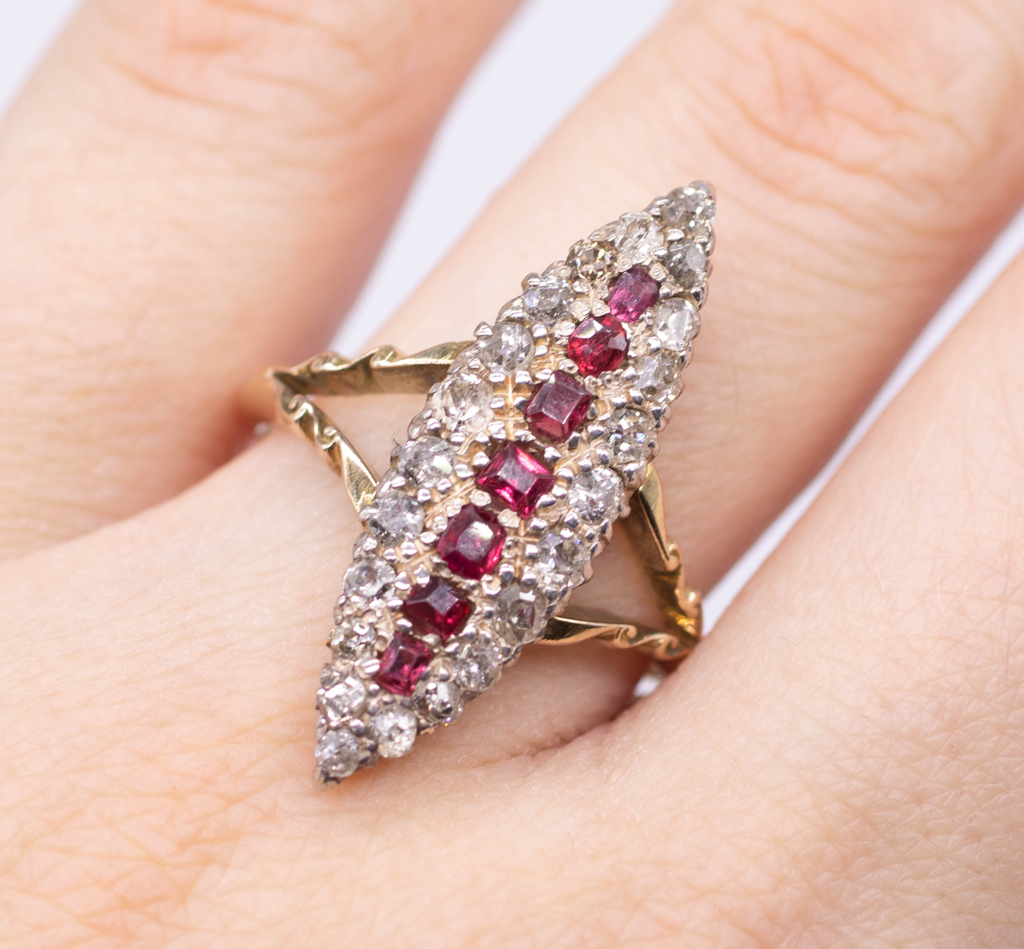 An antique ruby and diamond marquise ring, ring size S. - Image 2 of 2