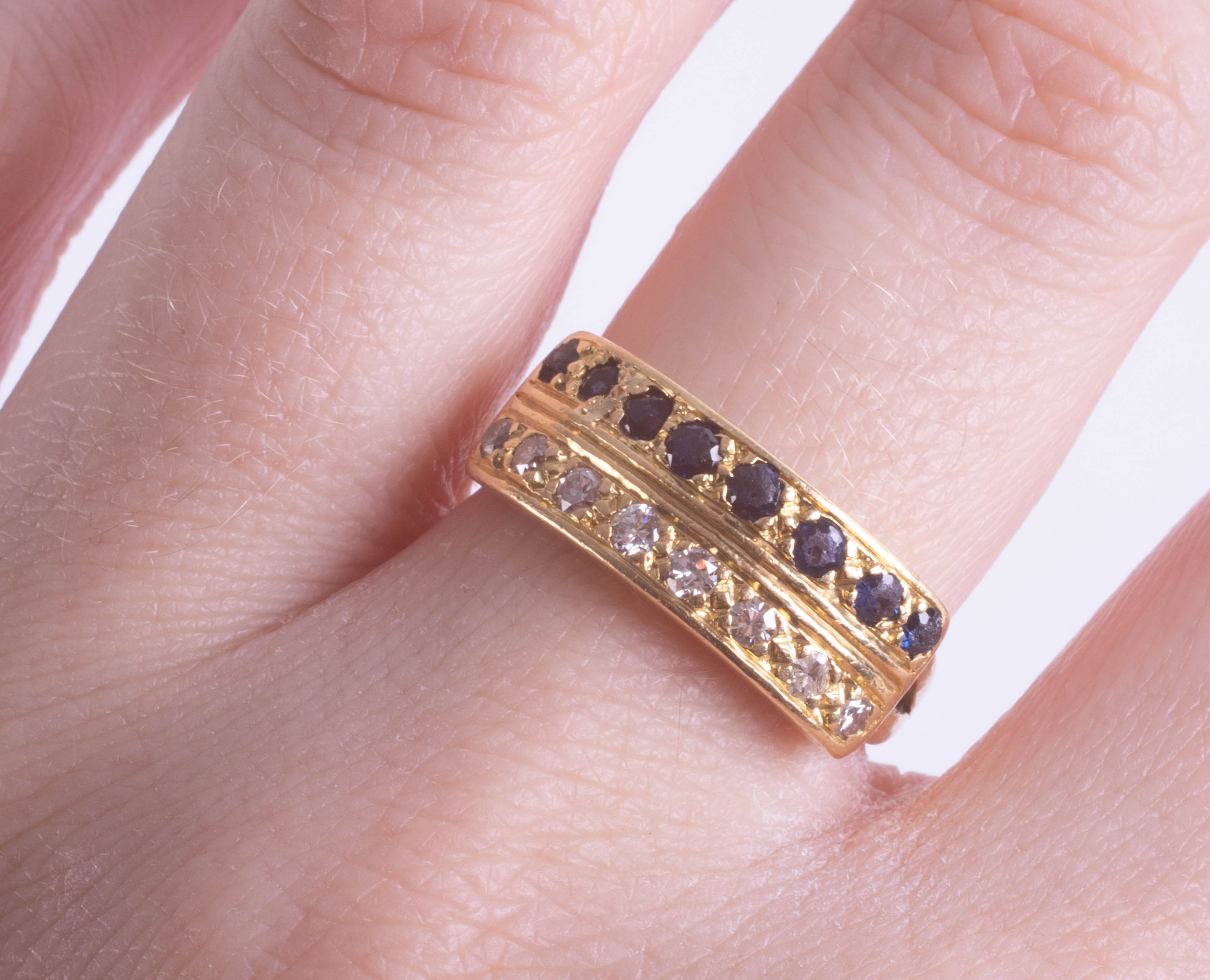 An 18ct sapphire and diamond two row ring, set with 16 stones in yellow gold, ring size N. - Image 2 of 2