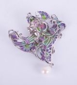 Large plique-à-jour gypsy / exotic dancer brooch/pendant set with suspended pearl, amethysts,
