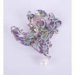 Large plique-à-jour gypsy / exotic dancer brooch/pendant set with suspended pearl, amethysts,