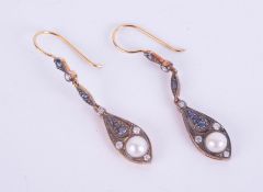 Pair of vintage-style drop earrings set with sapphires, diamonds and pearls, boxed.