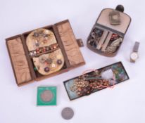 A collection of costume jewellery, various earrings, brooches, coral, 18ct gold ring, vesta etc.