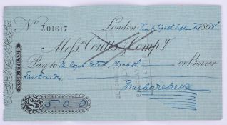 Of Charles Dickens interest, a cheque, Coutts and Company, signed Charles Dickens in blue ink,