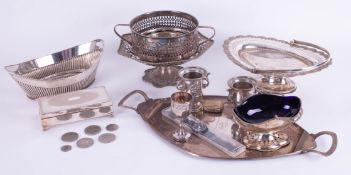 A collection of various silver plated wares including cigarette box.