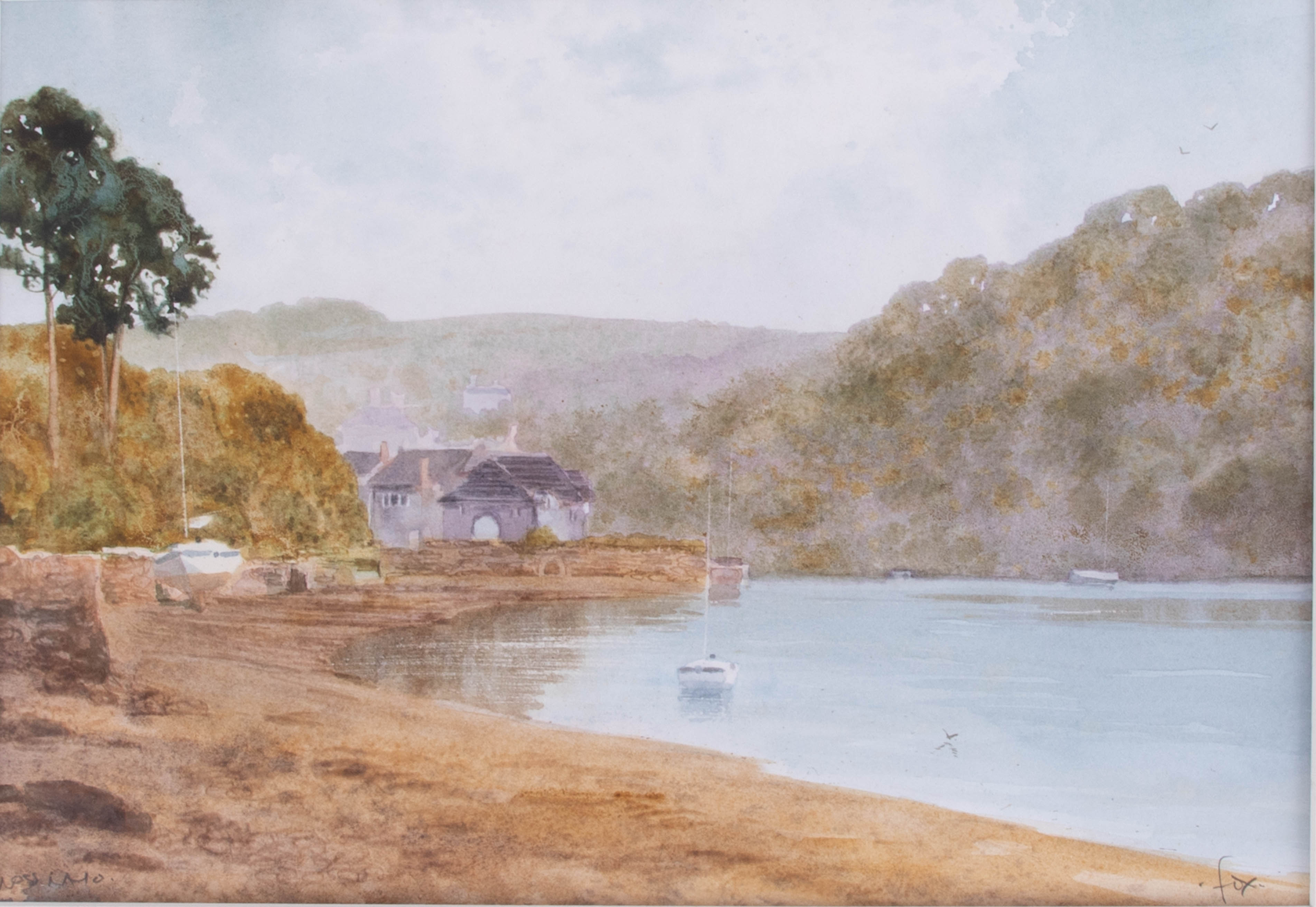 Three watercolours of the Yealm Estuary, Noss Mayo, signed Fox, David Young signed print Tavy Cleave - Image 4 of 4