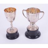 Two Geo V silver trophies including Lydford Pony Society 1928, approximately 15.45oz on socle bases.