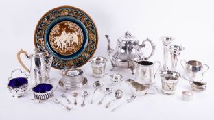 Various silver plated ware including teapot, coffee pot, cream jugs etc., also an Austrian pottery