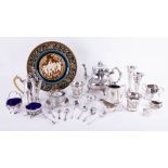 Various silver plated ware including teapot, coffee pot, cream jugs etc., also an Austrian pottery