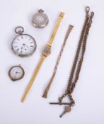 A Swiss silver fob watch, a vintage pocket watch, a Morris patent measure, ladies vintage wristwatch
