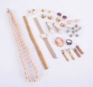 A collection of costume jewellery including ladies Seiko watch, pair of pearl style drop earrings,