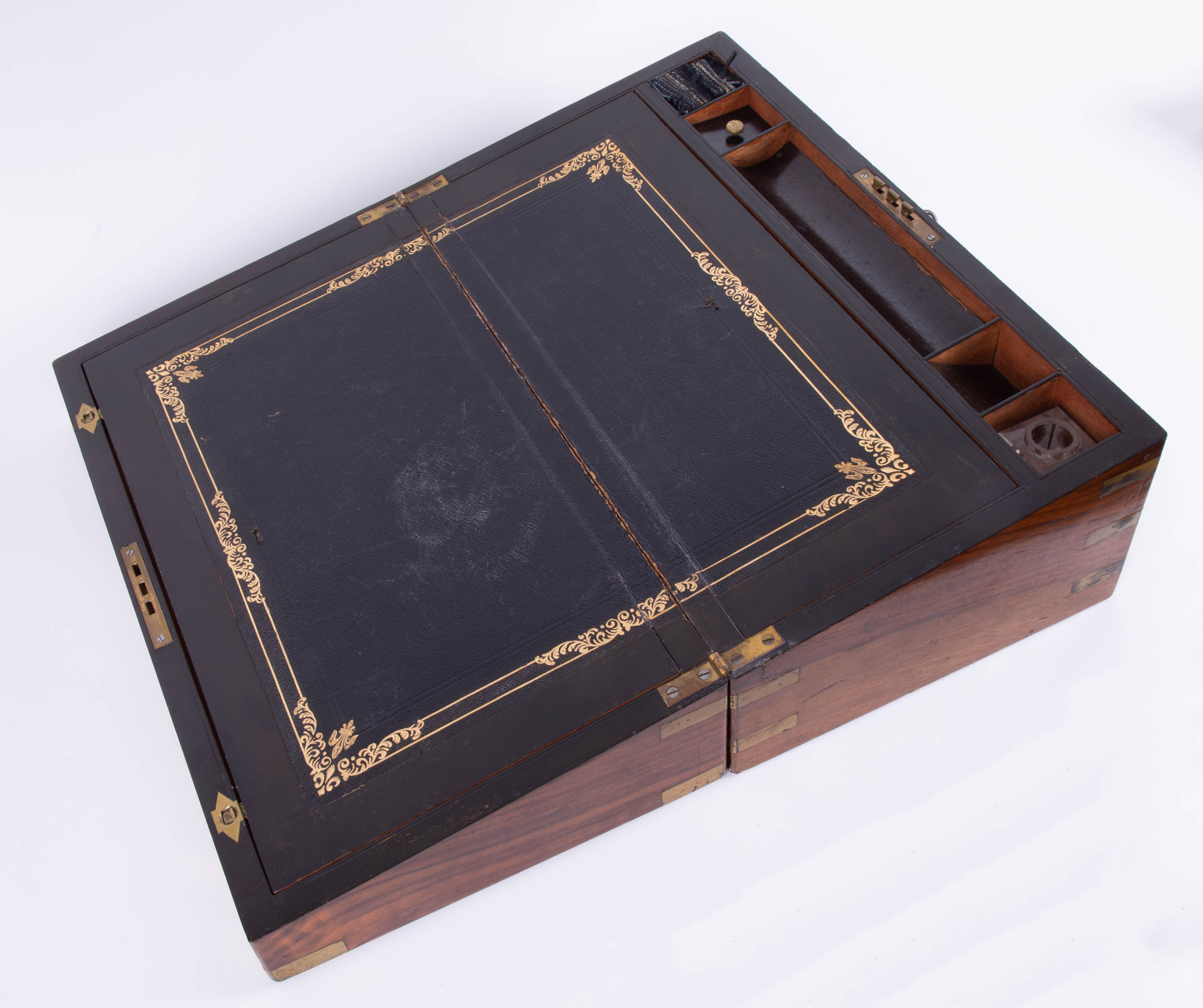 A Victorian walnut and brass bound writing slope, with inscription 'F.W. Nichols', width 45cm. - Image 2 of 2