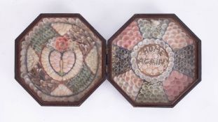 A 19th century sailor's shell Valentine in a hinged and glazed octagonal wood case, decorated '