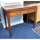 A Georgian mahogany fold over dining table fitted with a single drawer, width 90cm.