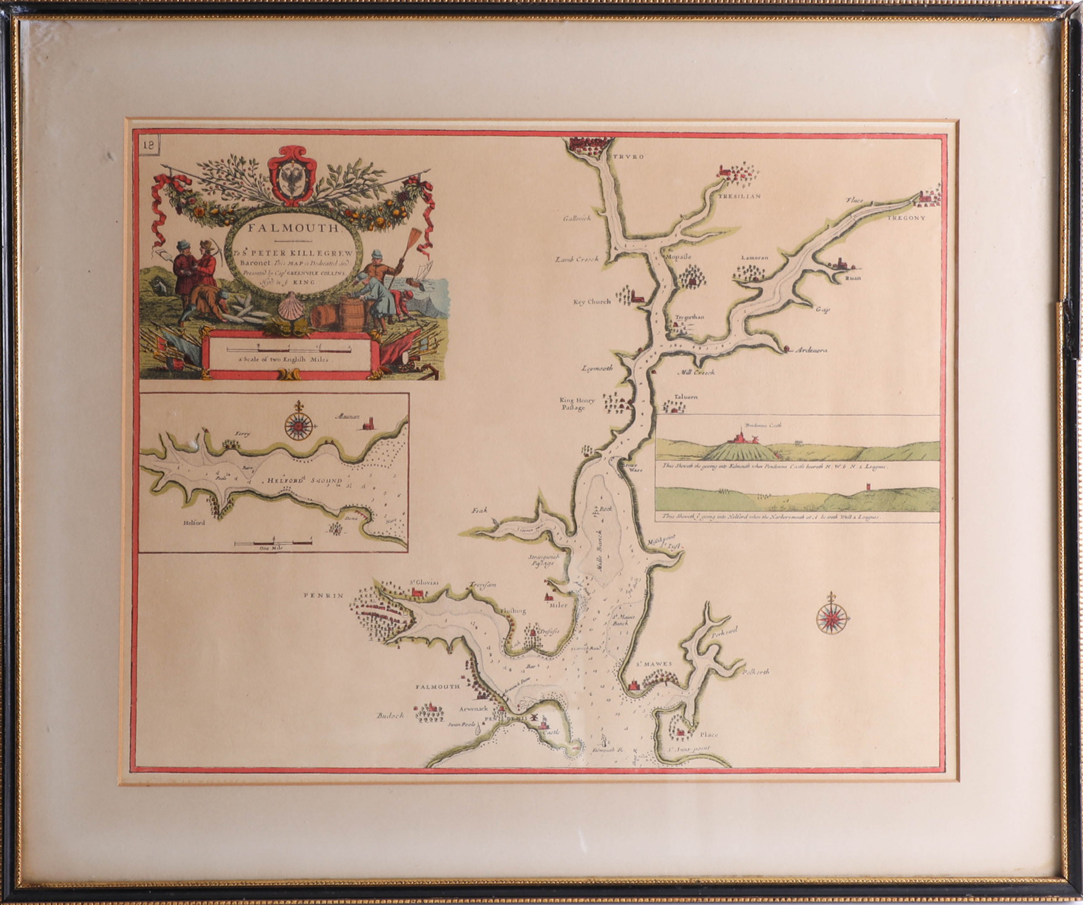 Chart engraving of Falmouth by Captain Greenvile Collins 33cm x 42cm marked to Sir Peter