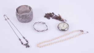 A silver cased and open faced pocket watch, an Indian white metal cuff bangle, some costume