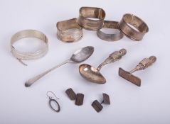 Four silver napkin rings, boxed, silver bangle, spoon, cufflinks and pendant, approximately 4.60oz