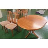 TEAK D-END EXTENDING DINING TABLE AND FOUR CHAIRS WITH UPHOLSTERED SEATS