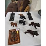CARVED WOODEN ANIMALS, WALL DECORATIONS, ETC