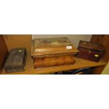 MAHOGANY VENEERED AND INLAID BOMBE SHAPE BOX, SMALL MAHOGANY TEA CADDY AND CARVED WOODEN TRINKET
